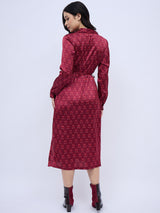 BURGUNDY PRINTED SHIRTDRESS WITH POCKETS