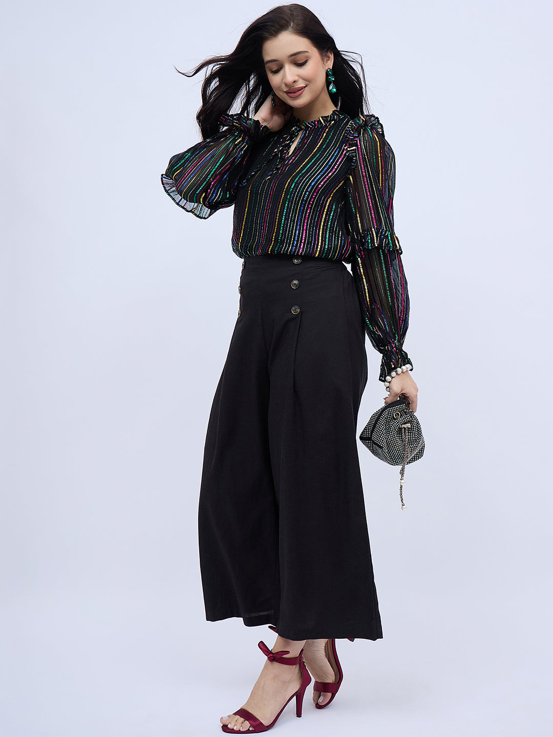 RUFFLE TRIM SHINNY STRIPE  BLOUSE