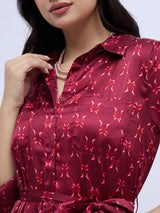 BURGUNDY PRINTED SHIRTDRESS WITH POCKETS