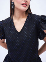 SPLIT NECK, RUFFLE SLEEVE PEPLUM