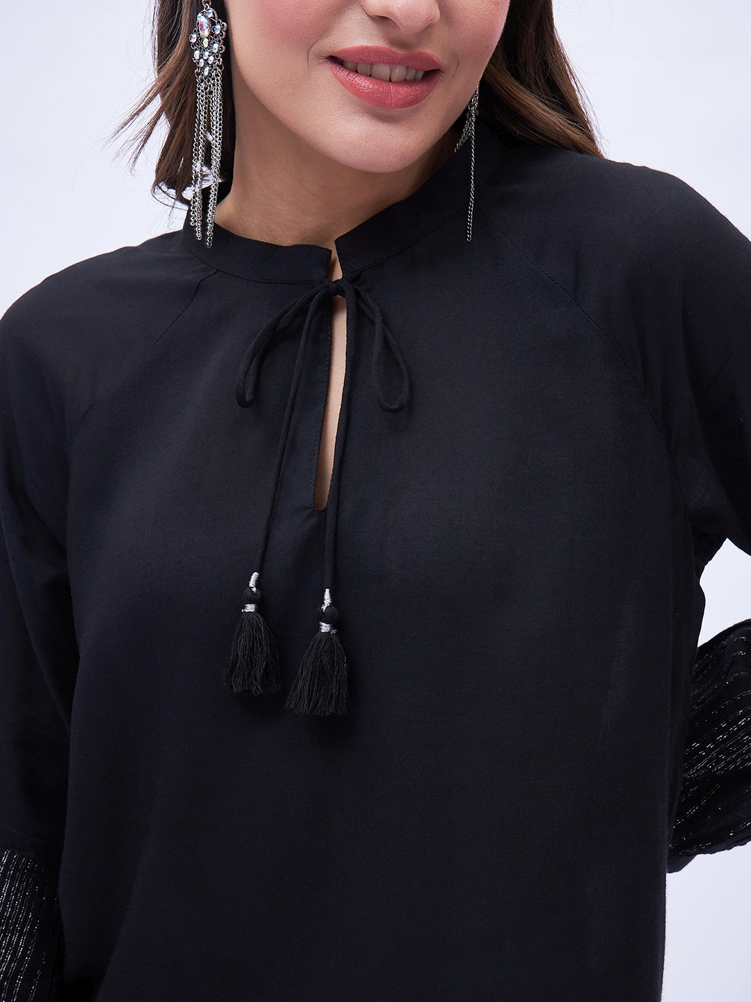 SPLIT NECK PEASENT STYLE TOP WITH TASSELS