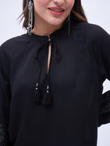 SPLIT NECK PEASENT STYLE TOP WITH TASSELS