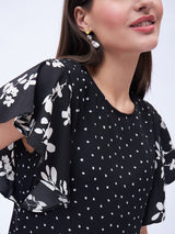 CONTRAST PRINT FLUTTER SLEEVE DRESS