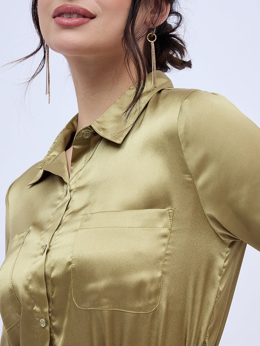 OLIVE GREEN SHIRTDRESS WITH WAIST TIE