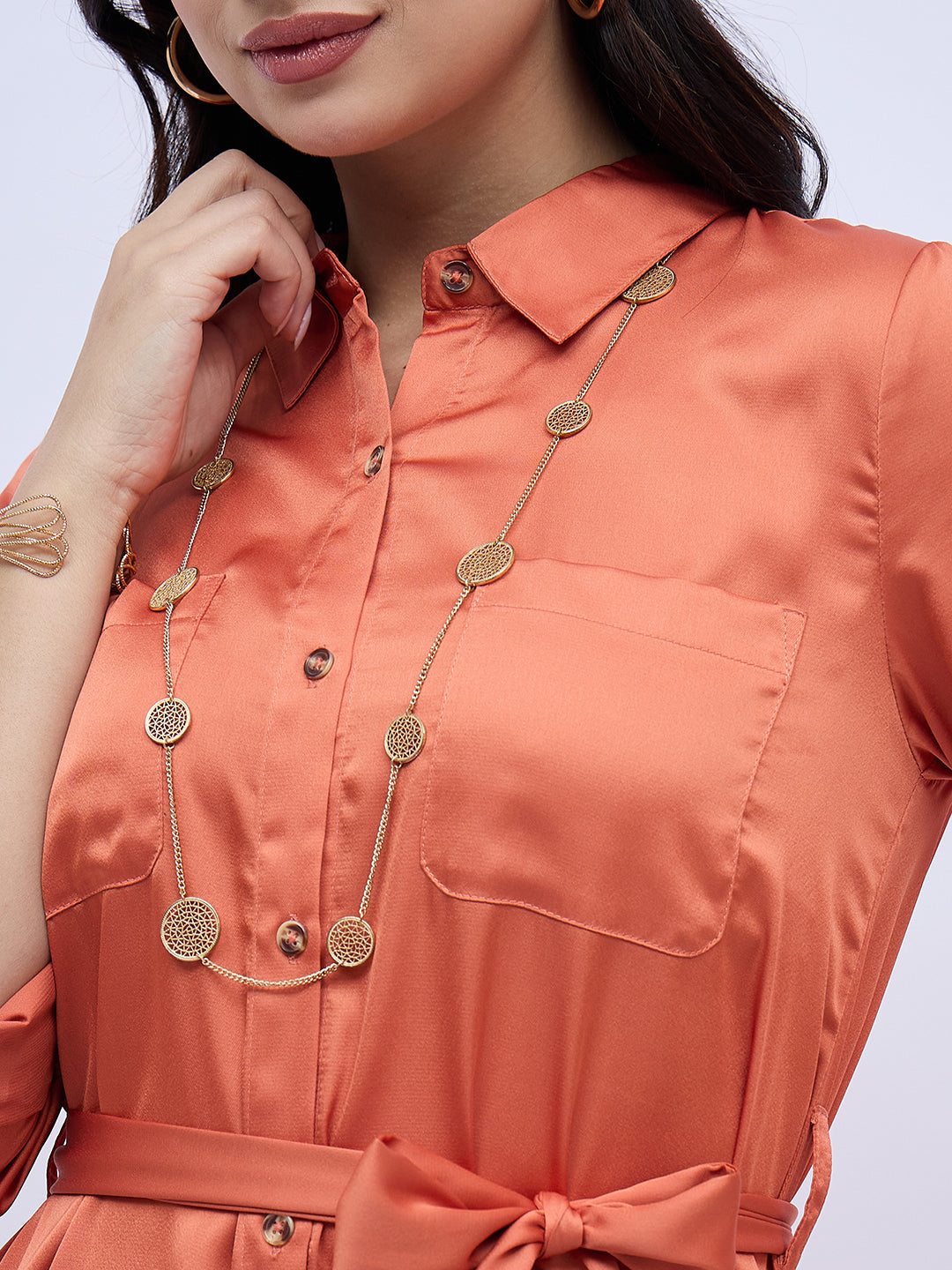 RUST SHIRTDRESS WITH WAIST TIE