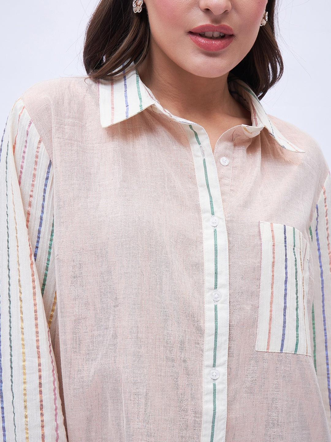 MIX AND MATCH METALLIC BUTTON DOWN SHIRT