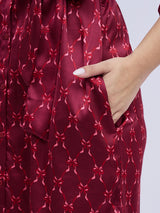 BURGUNDY PRINTED SHIRTDRESS WITH POCKETS