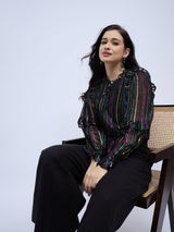 RUFFLE TRIM SHINNY STRIPE  BLOUSE