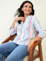 Split neck 3/4 sleeve multi stripe top
