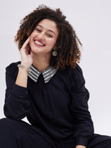 BLACK TOP WITH SPARKLY DRESS UP COLLAR