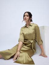 OLIVE GREEN SHIRTDRESS WITH WAIST TIE