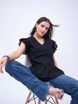 SPLIT NECK, RUFFLE SLEEVE PEPLUM