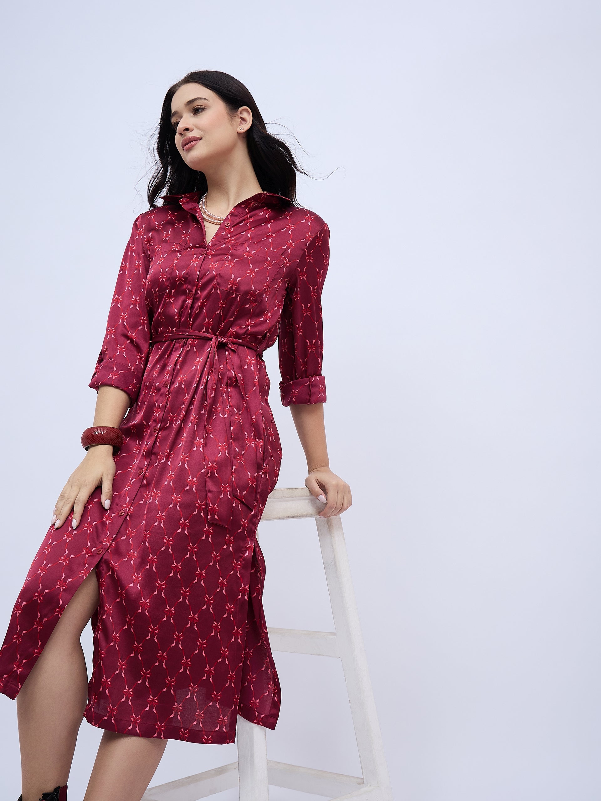 BURGUNDY PRINTED SHIRTDRESS WITH POCKETS