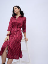 BURGUNDY PRINTED SHIRTDRESS WITH POCKETS