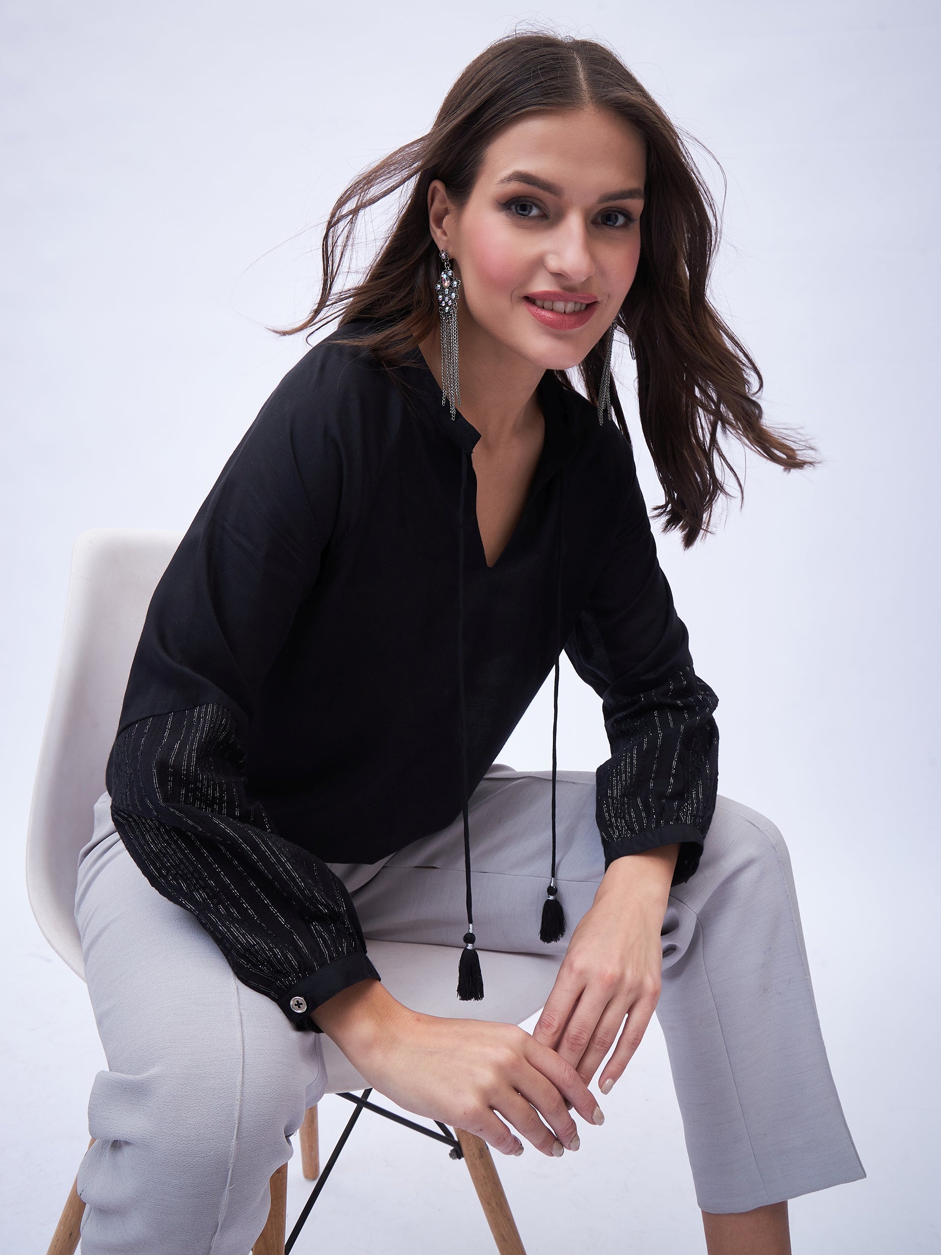 SPLIT NECK PEASENT STYLE TOP WITH TASSELS