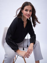 SPLIT NECK PEASENT STYLE TOP WITH TASSELS