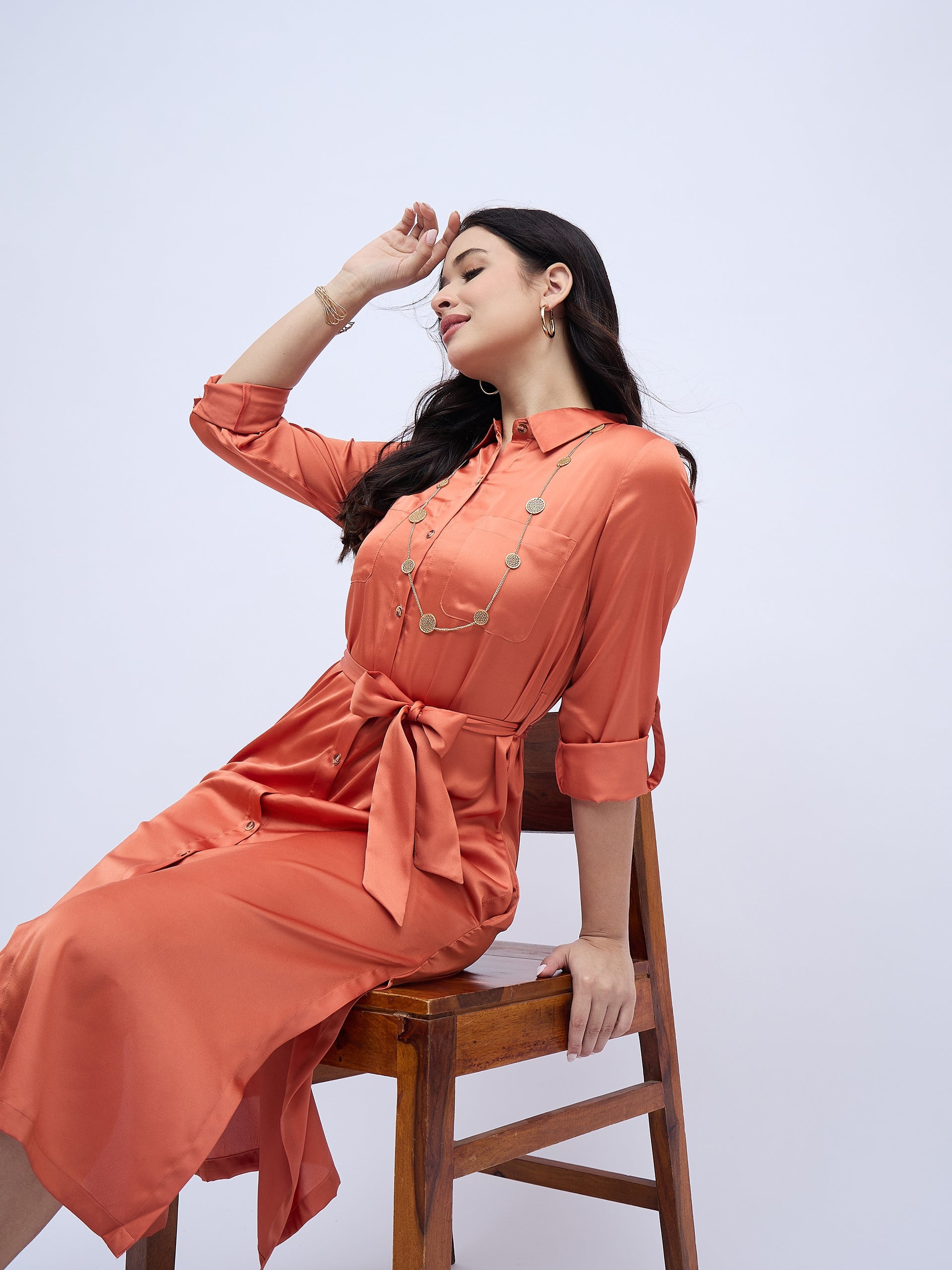 RUST SHIRTDRESS WITH WAIST TIE