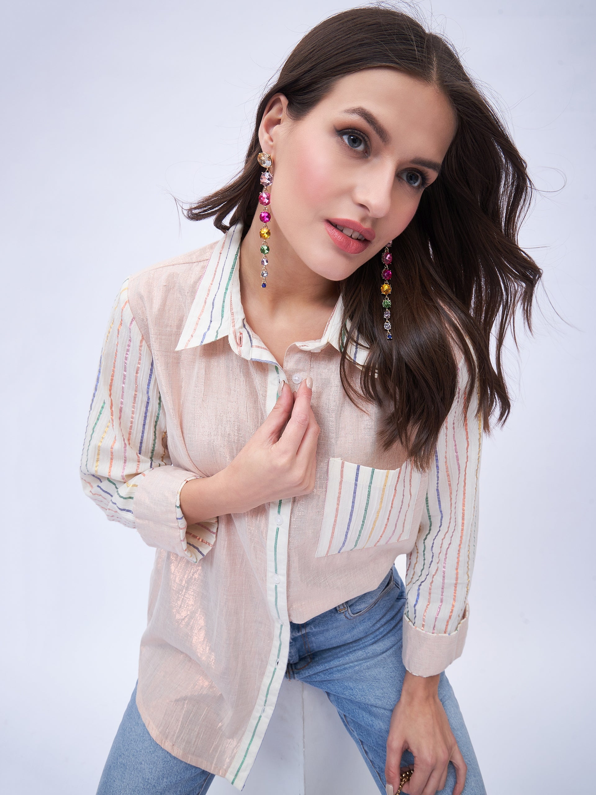 MIX AND MATCH METALLIC BUTTON DOWN SHIRT