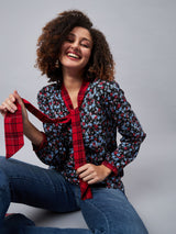 ALL OVER PRINTED TOP WITH CHECK NECK TIE