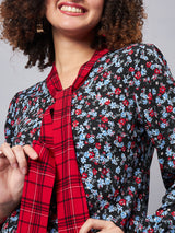 ALL OVER PRINTED TOP WITH CHECK NECK TIE