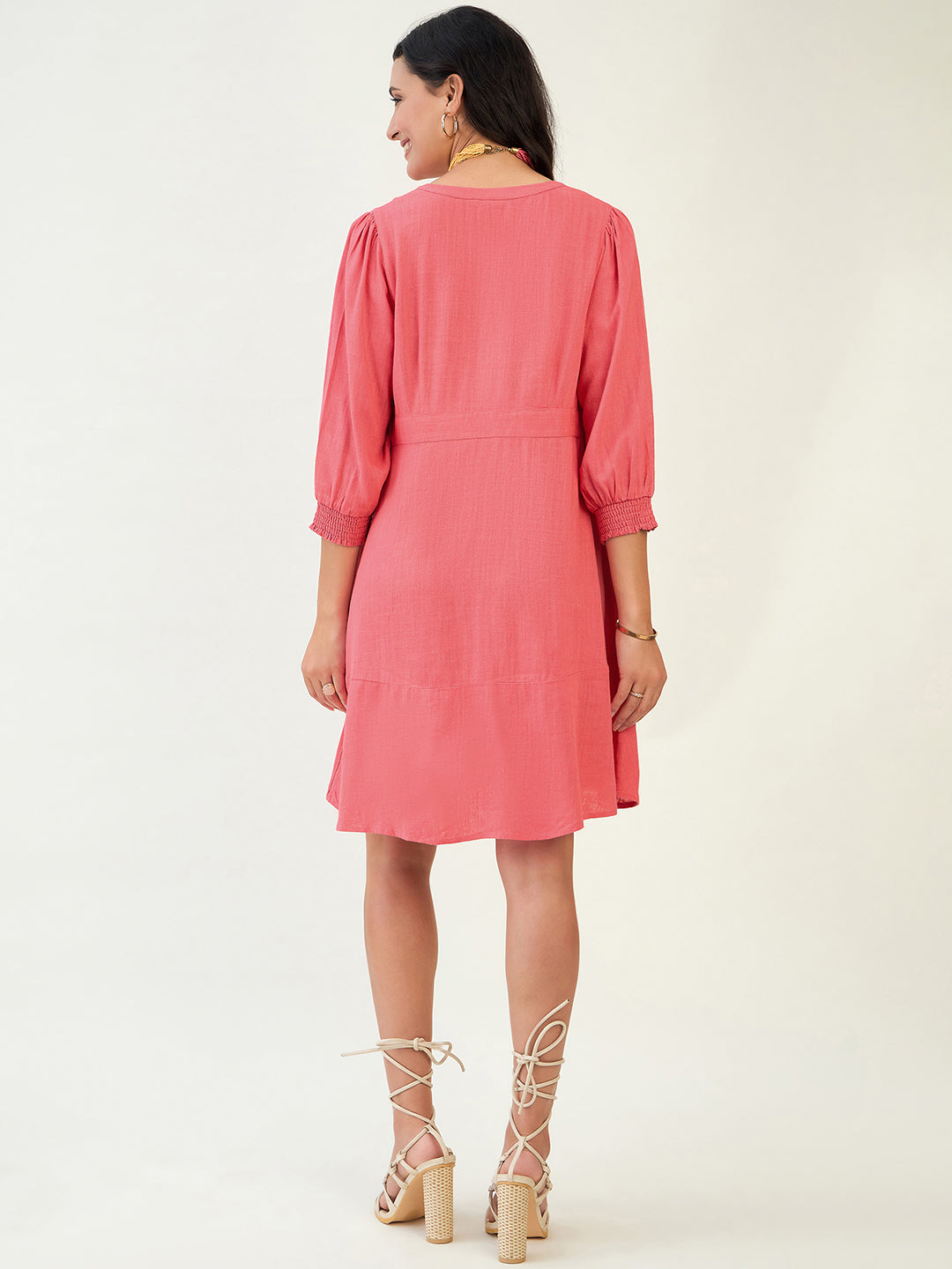 SMOCKED SLEEVE CUFF DRESS