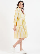 STRIPED COLLAR TIERED DRESS WITH POCKETS