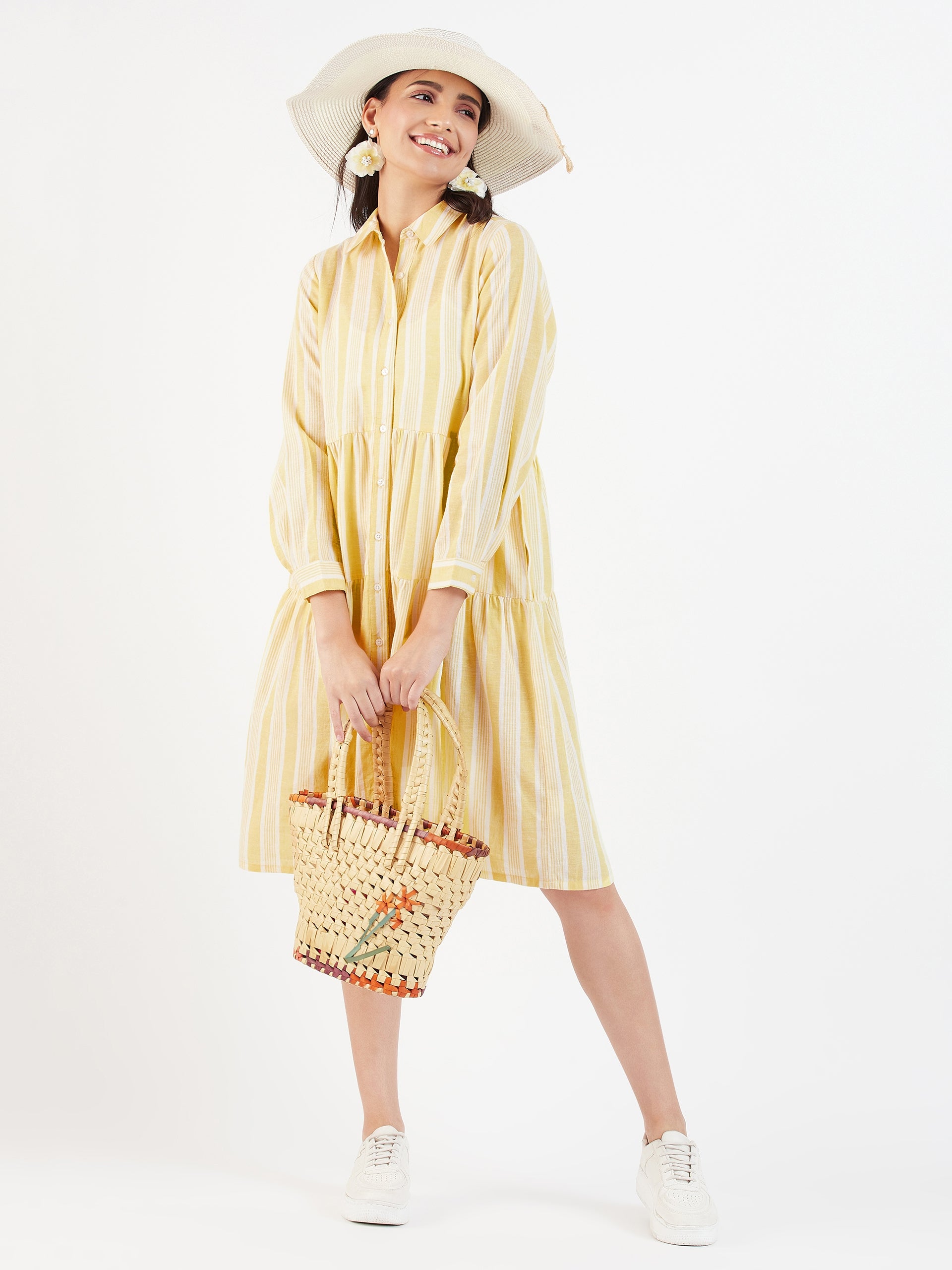 STRIPED COLLAR TIERED DRESS WITH POCKETS