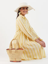STRIPED COLLAR TIERED DRESS WITH POCKETS