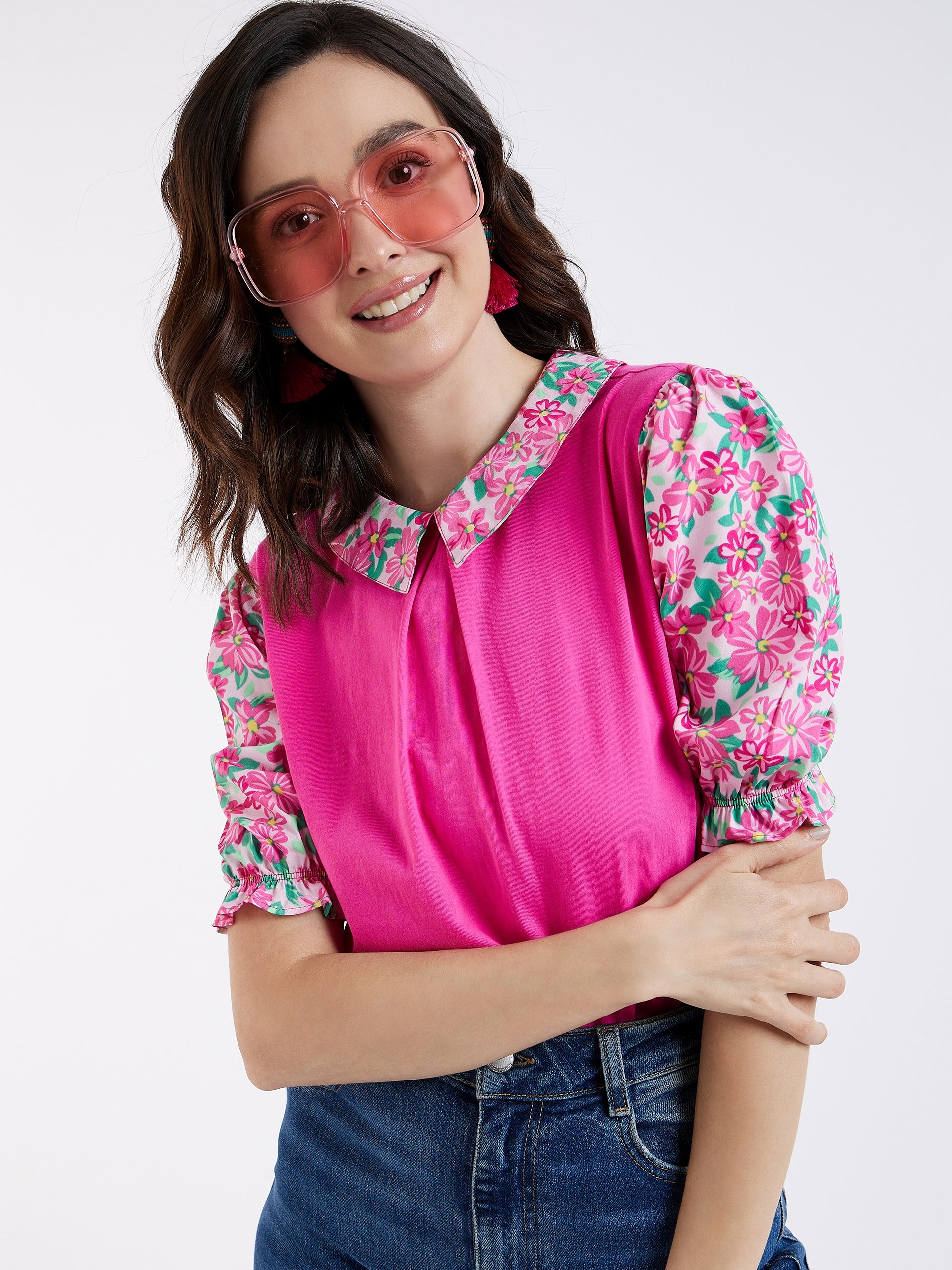 PINK TEE WITH CONTRAST FLORAL SLEEVES