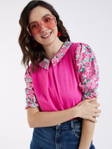 PINK TEE WITH CONTRAST FLORAL SLEEVES