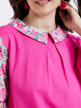 PINK TEE WITH CONTRAST FLORAL SLEEVES