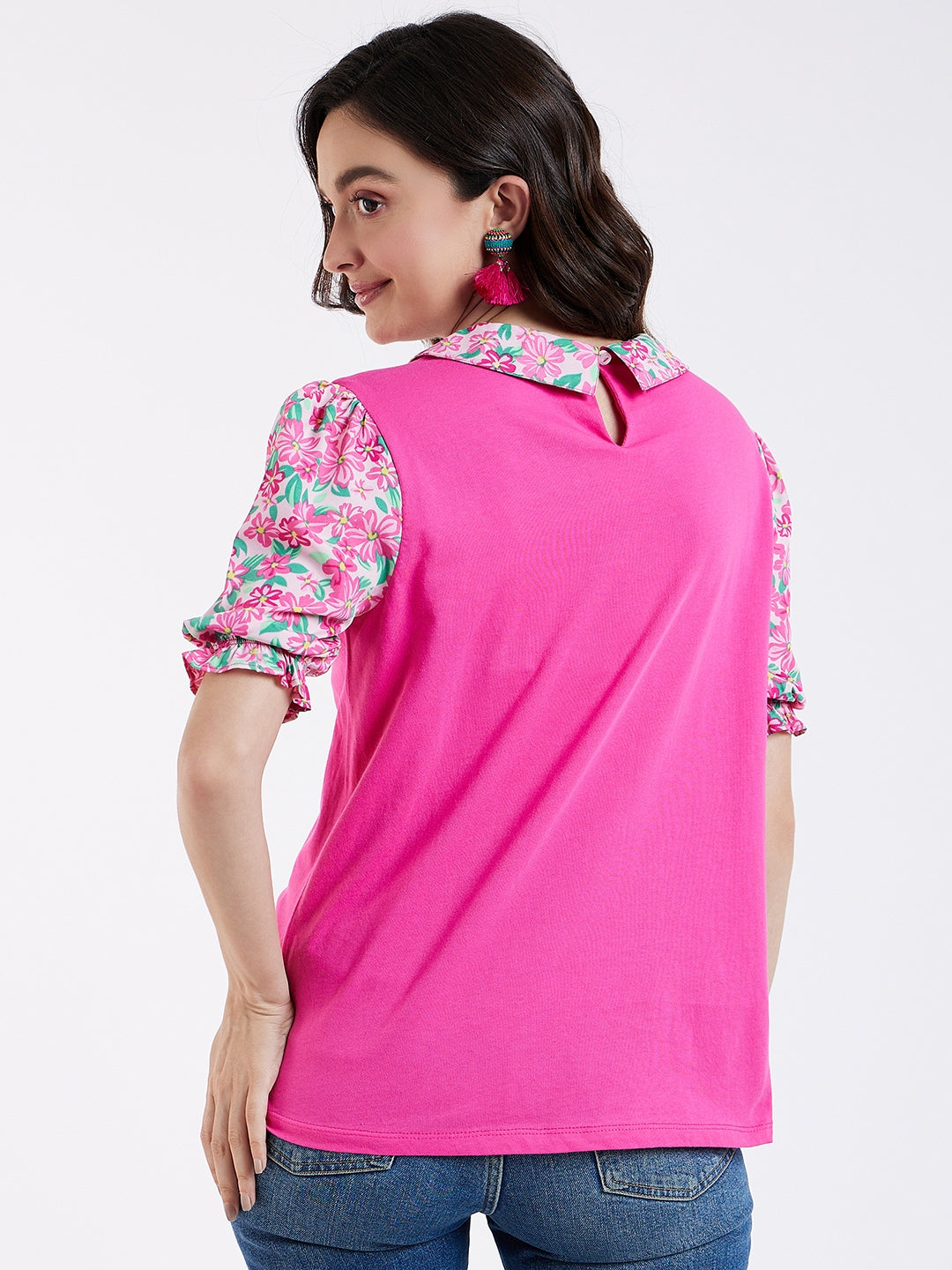 PINK TEE WITH CONTRAST FLORAL SLEEVES