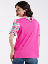 PINK TEE WITH CONTRAST FLORAL SLEEVES