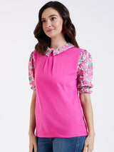 PINK TEE WITH CONTRAST FLORAL SLEEVES