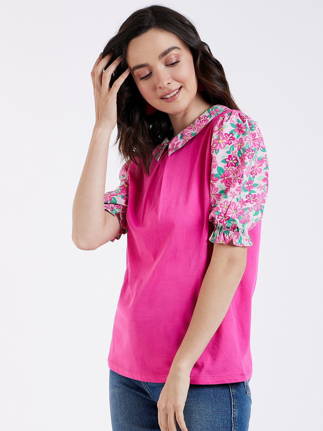 PINK TEE WITH CONTRAST FLORAL SLEEVES