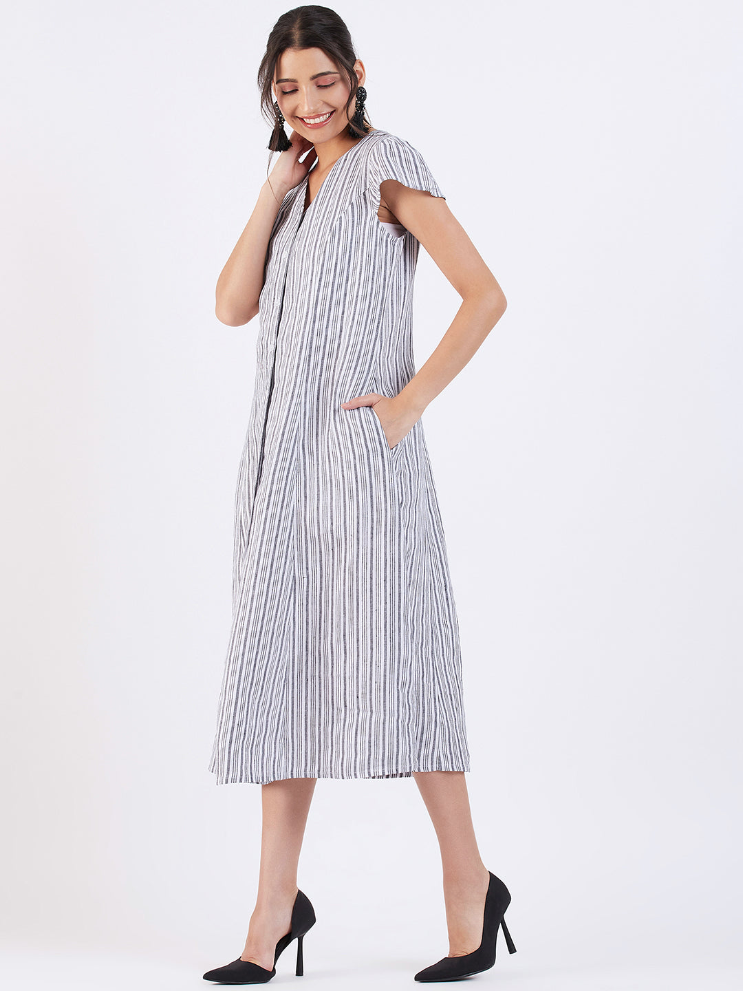 STRIPE LINEN FIT & FLARE DRESS