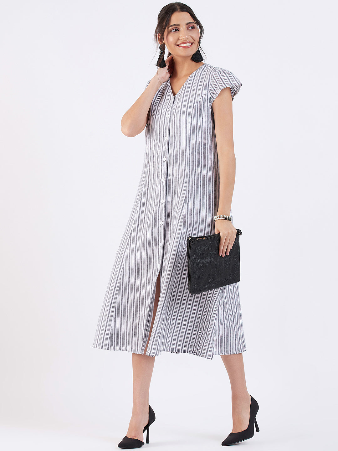 STRIPE LINEN FIT & FLARE DRESS