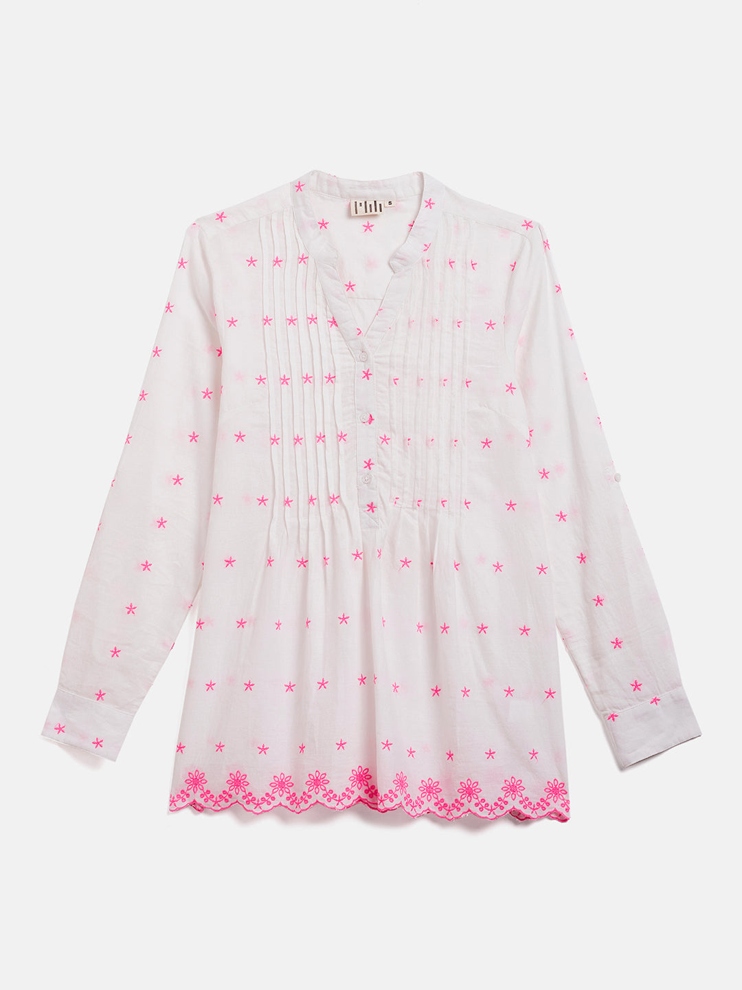 SPLIT NECK EMBROIDERY PINTUCK TOP