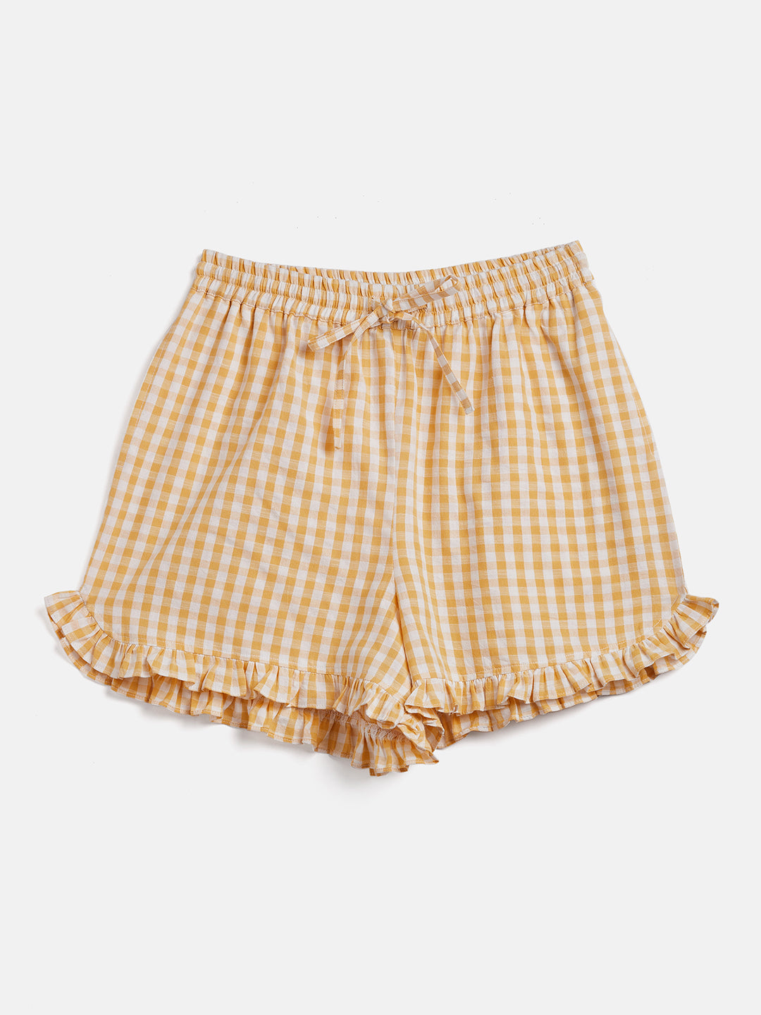 GINGHAM CHECK RUFFLE TRIM SHORTS WITH ELASTICATED WAIST