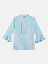 RUFFLE PLACKET FLARED CUFF SLEEVE BLOUSE