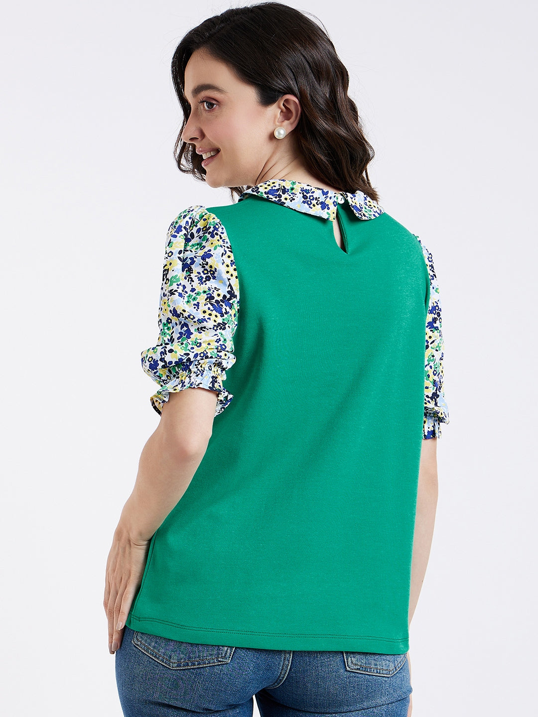 PRINTED WOVEN PUFFED SLEEVE AND COLLAR TEE