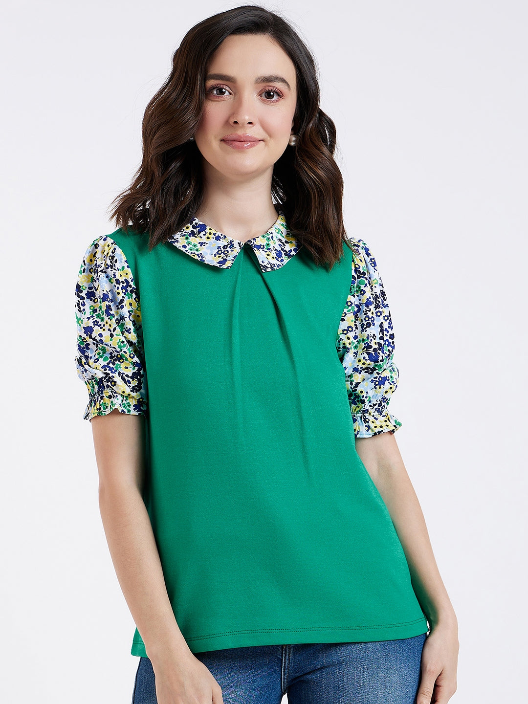 PRINTED WOVEN PUFFED SLEEVE AND COLLAR TEE