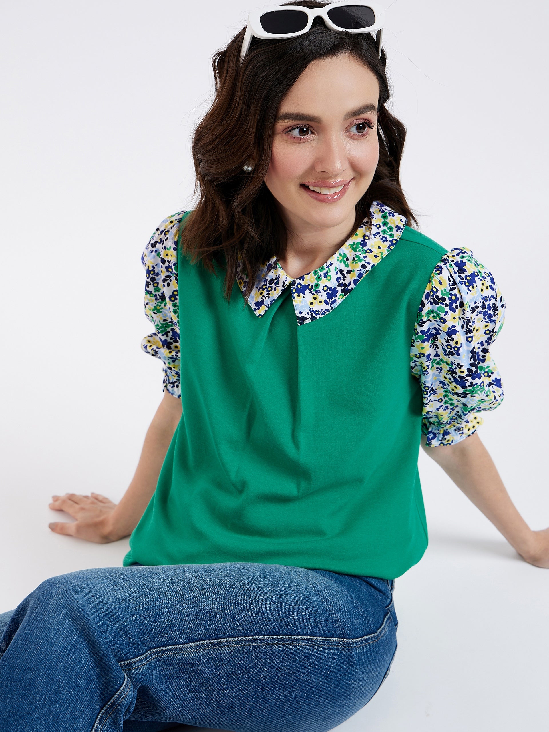 PRINTED WOVEN PUFFED SLEEVE AND COLLAR TEE