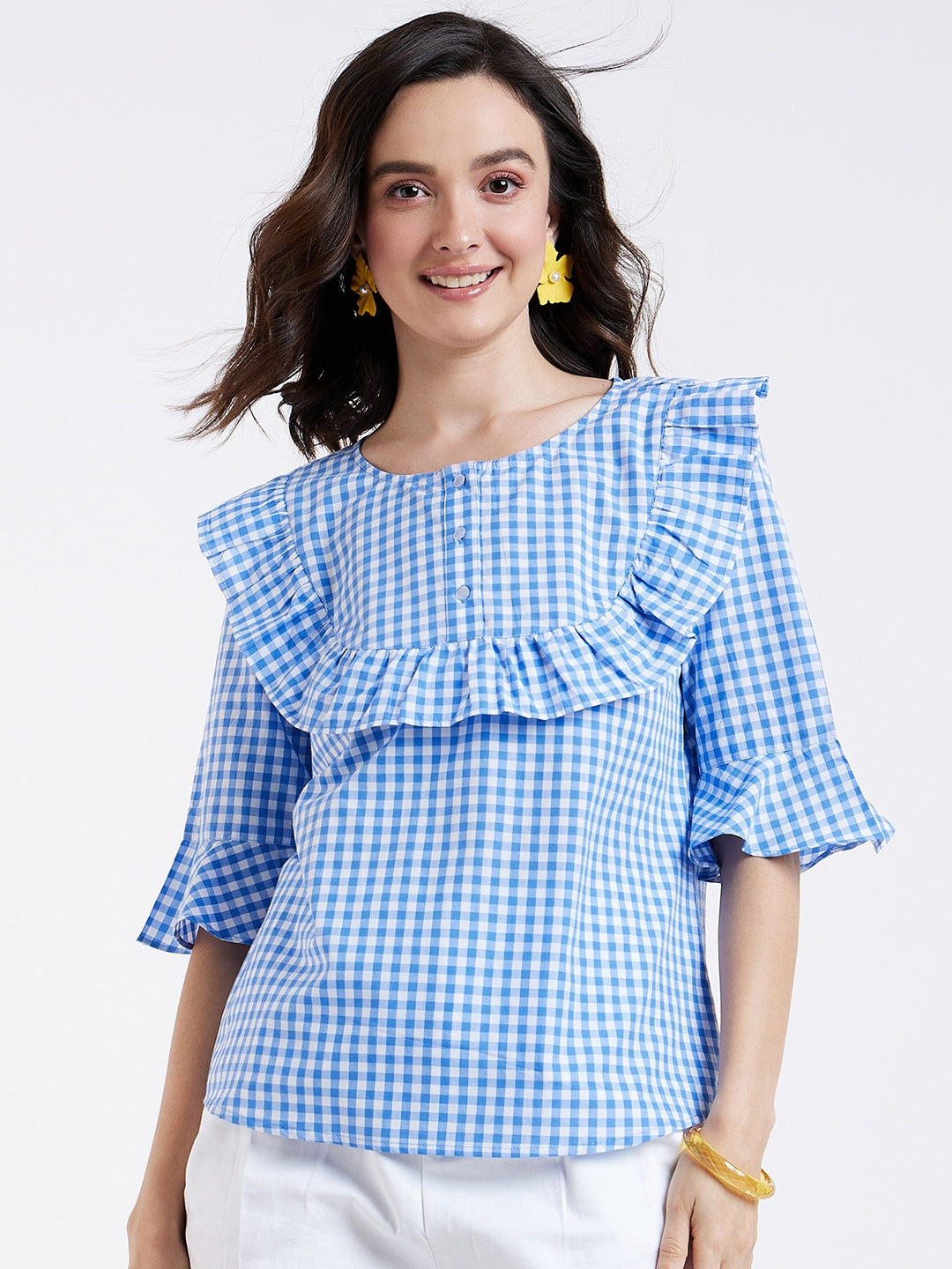 RUFFLE BIB AND SLEEVE CUFF TOP