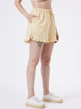 GINGHAM CHECK RUFFLE TRIM SHORTS WITH ELASTICATED WAIST