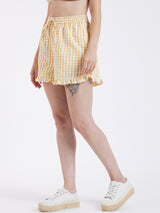 GINGHAM CHECK RUFFLE TRIM SHORTS WITH ELASTICATED WAIST