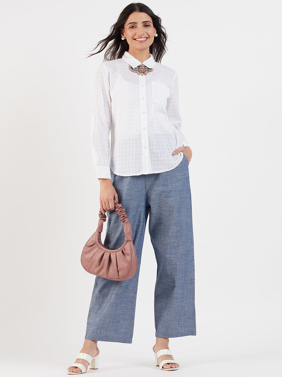WHITE ROLL UP SLEEVE SHIRT