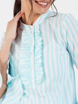 RUFFLE PLACKET FLARED CUFF SLEEVE BLOUSE