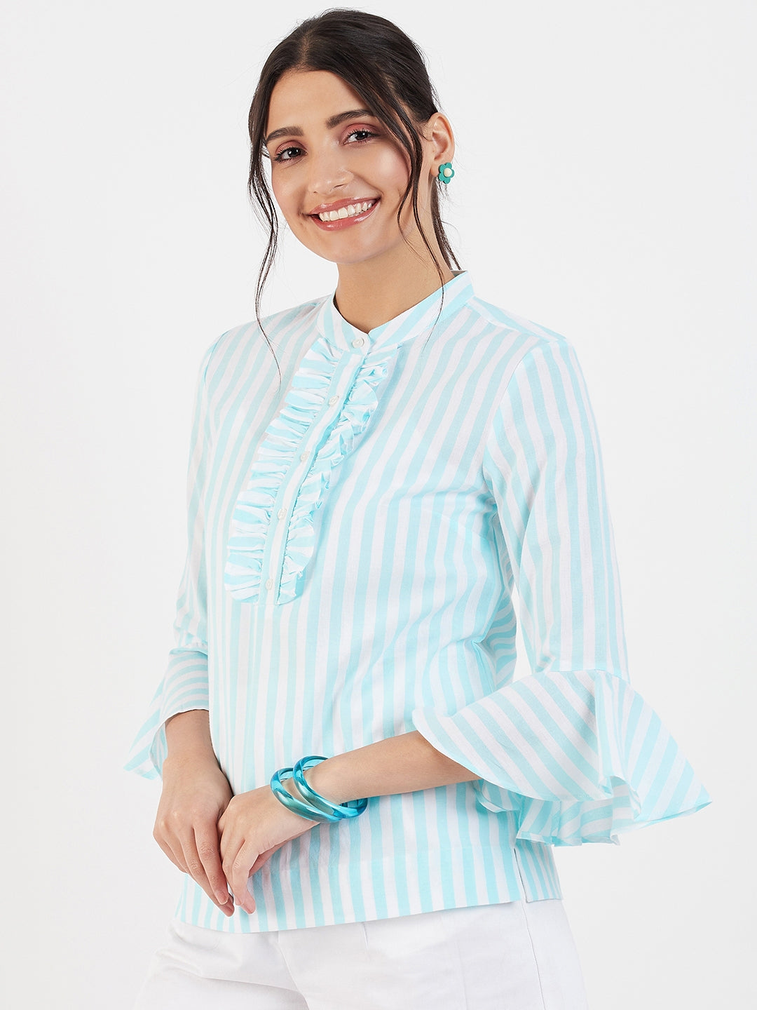 RUFFLE PLACKET FLARED CUFF SLEEVE BLOUSE