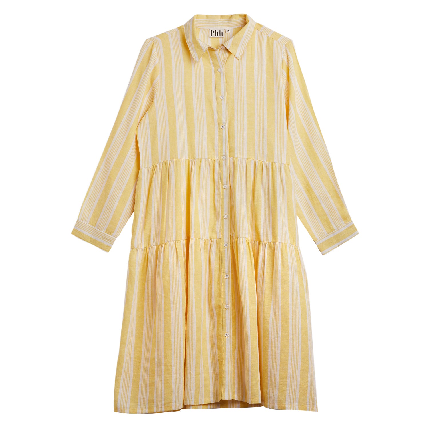STRIPED COLLAR TIERED DRESS WITH POCKETS